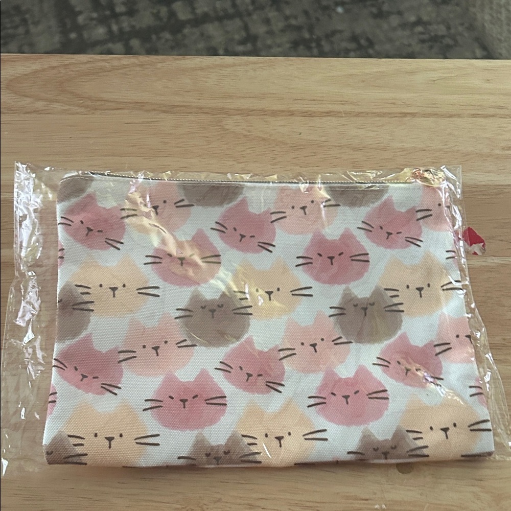 Cute Cat Print Pouch - Pink, Brown, Cream